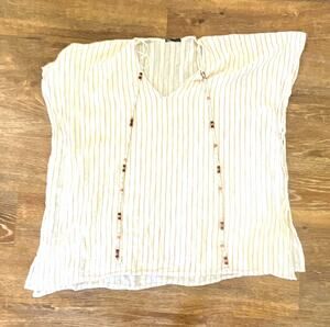 Zara Womens White Beige Striped pancho Tie Beaded Woven Cotton Blouse SS